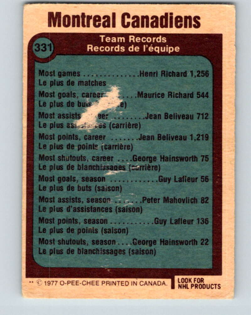 1977-78 O-Pee-Chee #331 Montreal Canadiens Records Montreal Canadiens V15342
