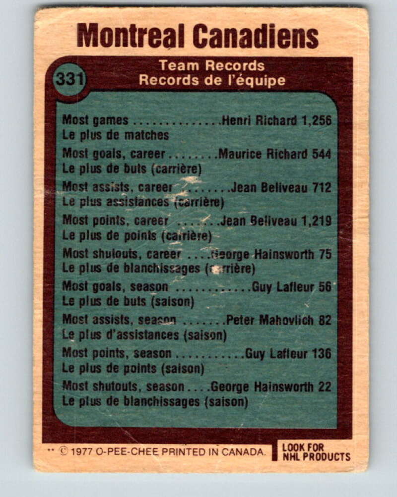 1977-78 O-Pee-Chee #331 Montreal Canadiens Records Montreal Canadiens V15343