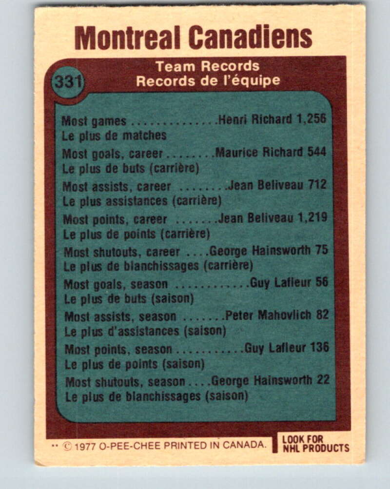 1977-78 O-Pee-Chee #331 Montreal Canadiens Records Montreal Canadiens V15344