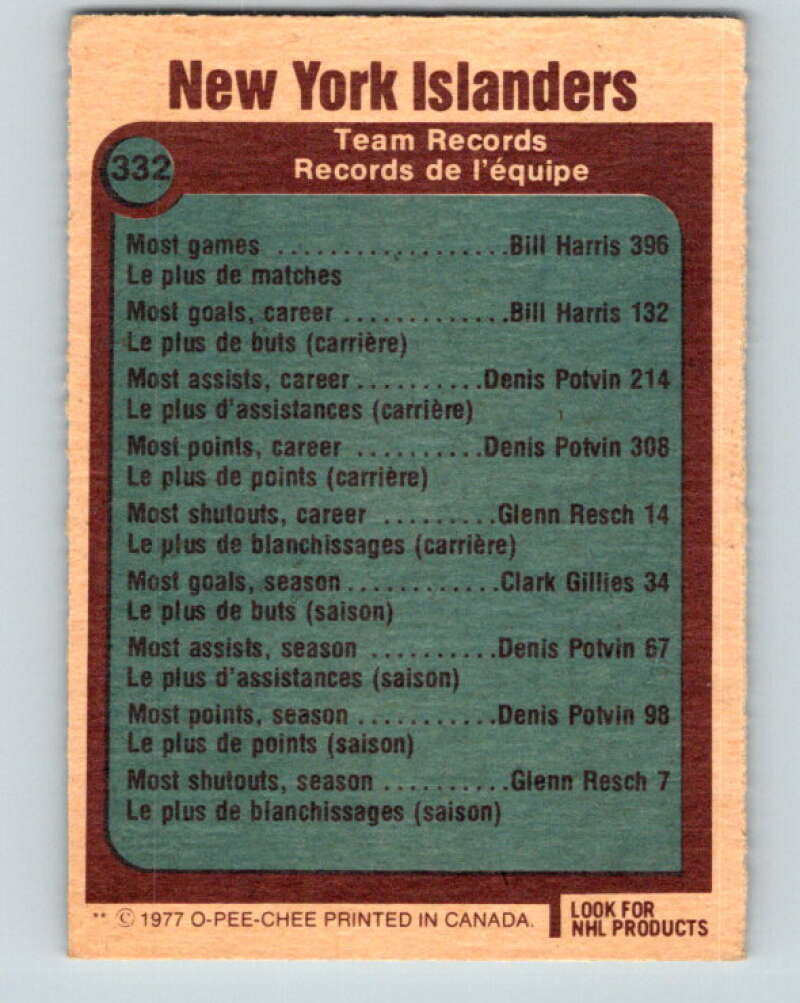 1977-78 O-Pee-Chee #332 New York Islanders Records New York Islanders V15345