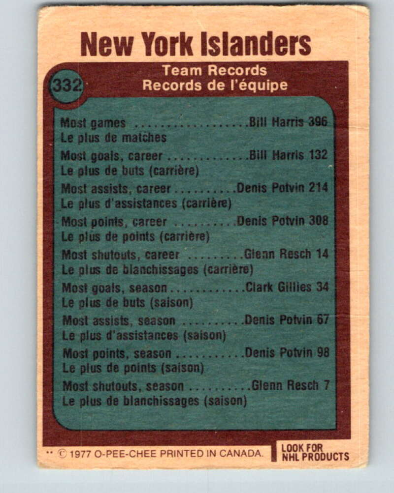 1977-78 O-Pee-Chee #332 New York Islanders Records New York Islanders V15346