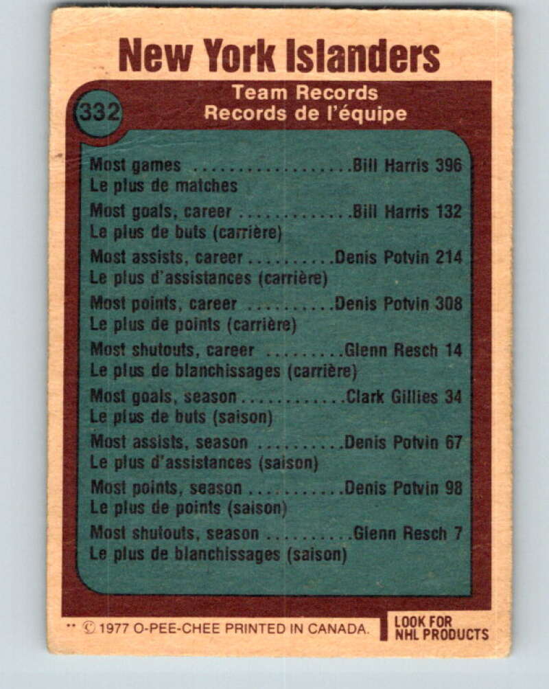 1977-78 O-Pee-Chee #332 New York Islanders Records New York Islanders V15348