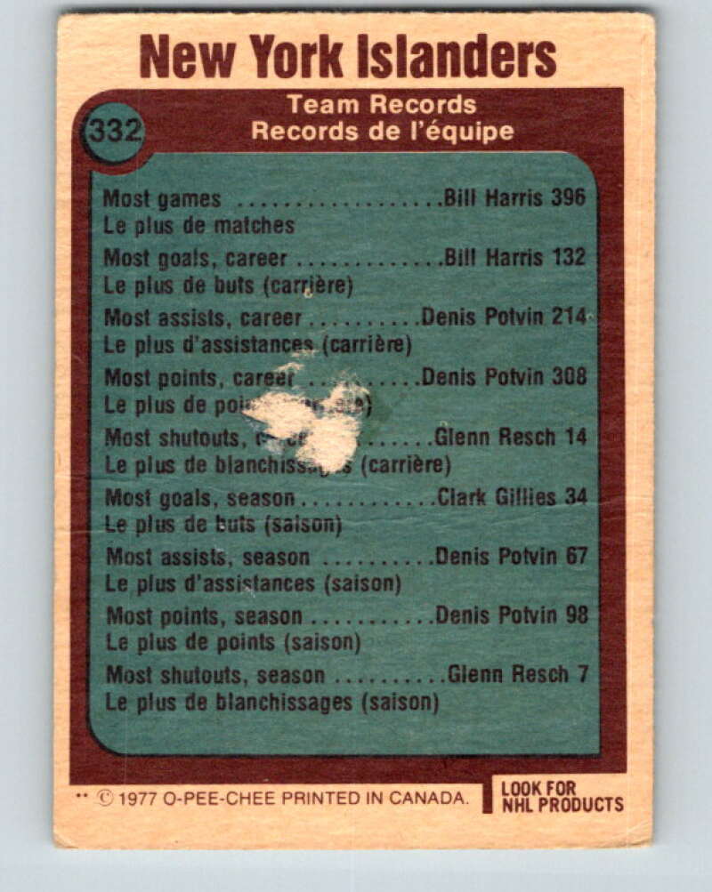 1977-78 O-Pee-Chee #332 New York Islanders Records New York Islanders V15349