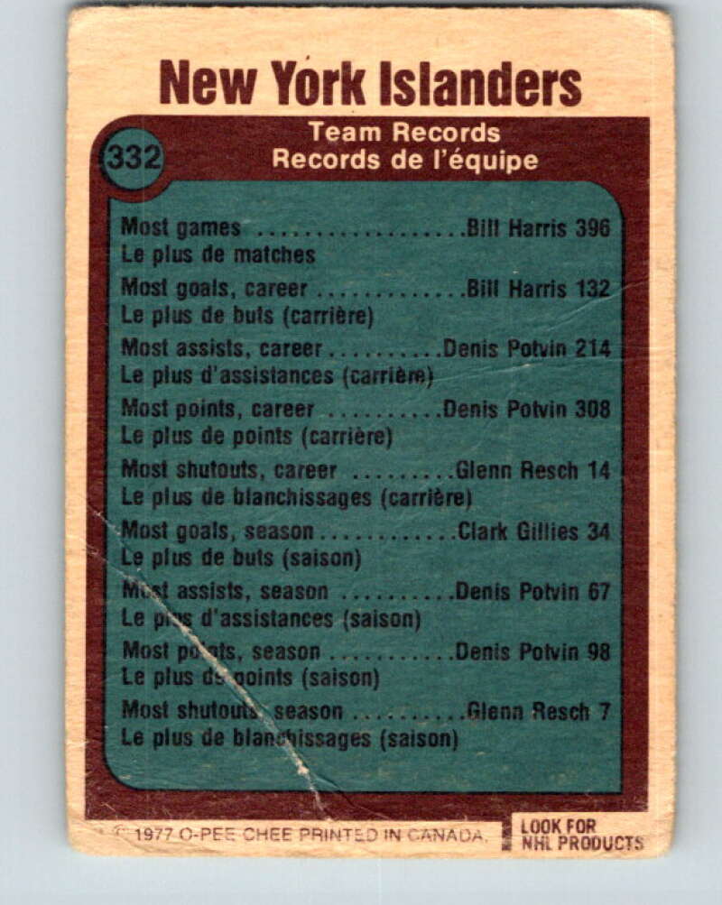 1977-78 O-Pee-Chee #332 New York Islanders Records New York Islanders V15350
