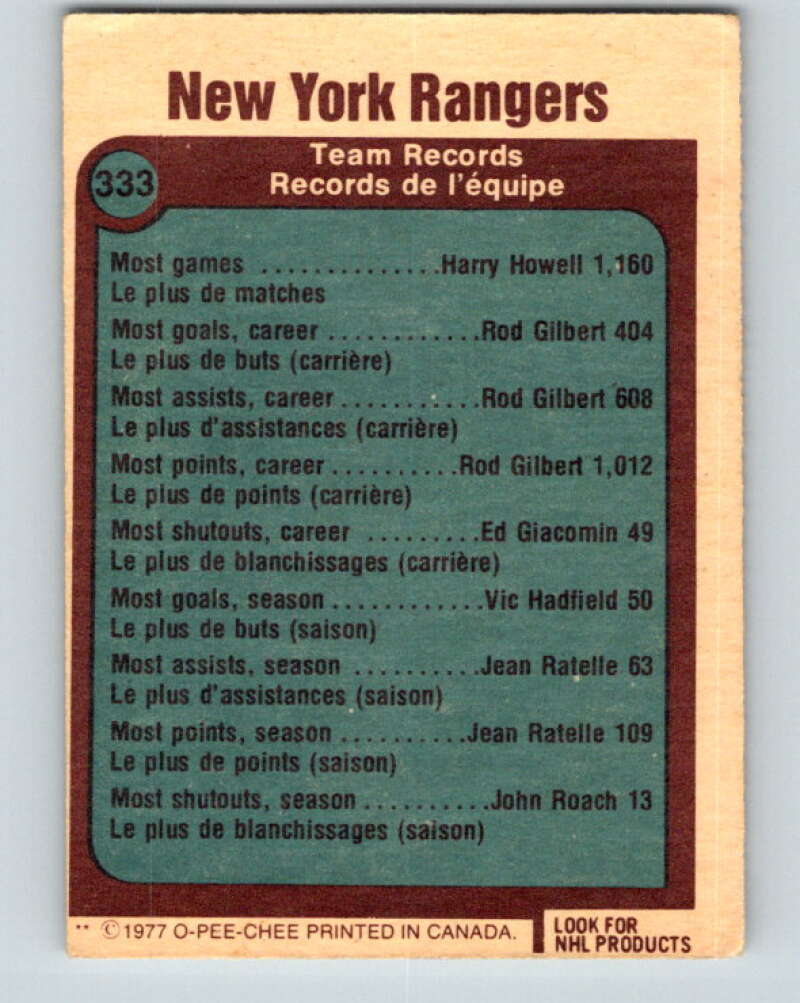 1977-78 O-Pee-Chee #333 New York Rangers Records New York Rangers V15352