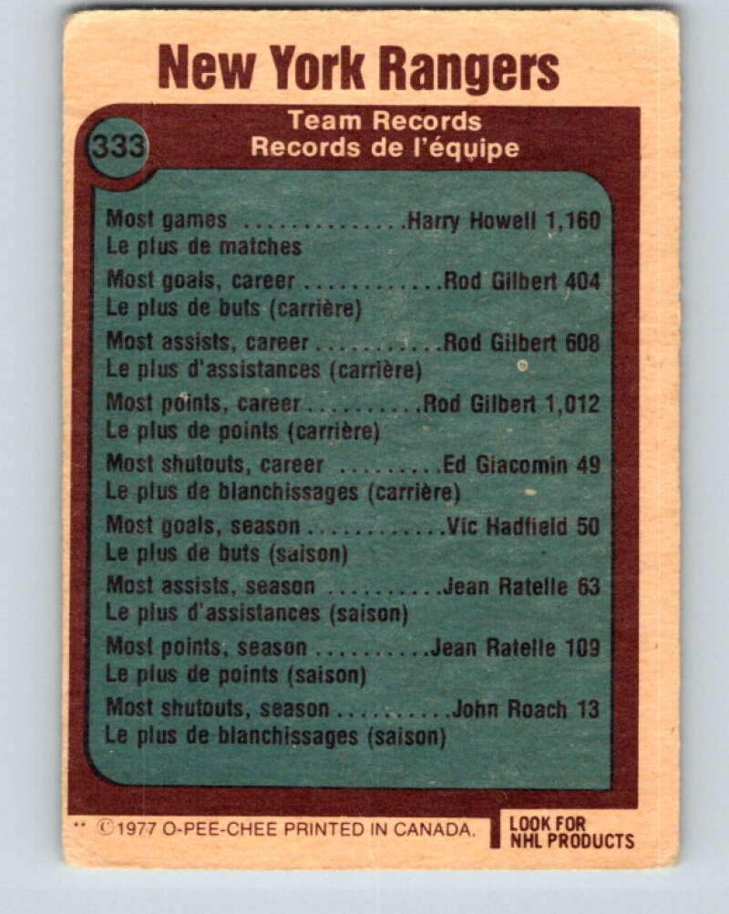 1977-78 O-Pee-Chee #333 New York Rangers Records New York Rangers V15353