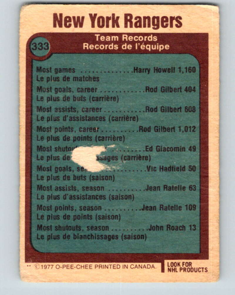 1977-78 O-Pee-Chee #333 New York Rangers Records New York Rangers V15355