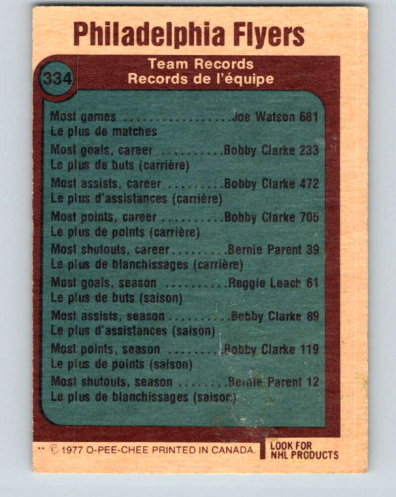 1977-78 O-Pee-Chee #334 Philadelphia Flyers Records Philadelphia Flyers V15362