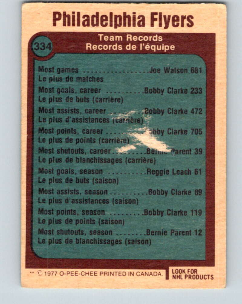 1977-78 O-Pee-Chee #334 Philadelphia Flyers Records Philadelphia Flyers V15369