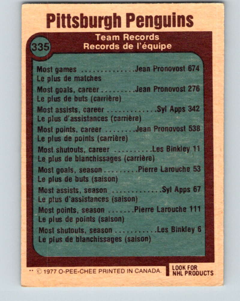 1977-78 O-Pee-Chee #335 Pittsburgh Penguins Records Pittsburgh Penguins V15371