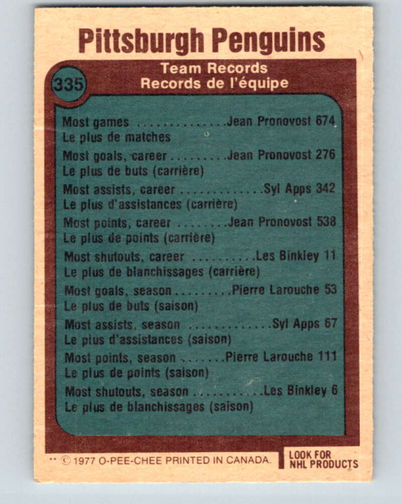 1977-78 O-Pee-Chee #335 Pittsburgh Penguins Records Pittsburgh Penguins V15372