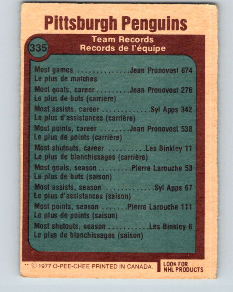 1977-78 O-Pee-Chee #335 Pittsburgh Penguins Records Pittsburgh Penguins V15373