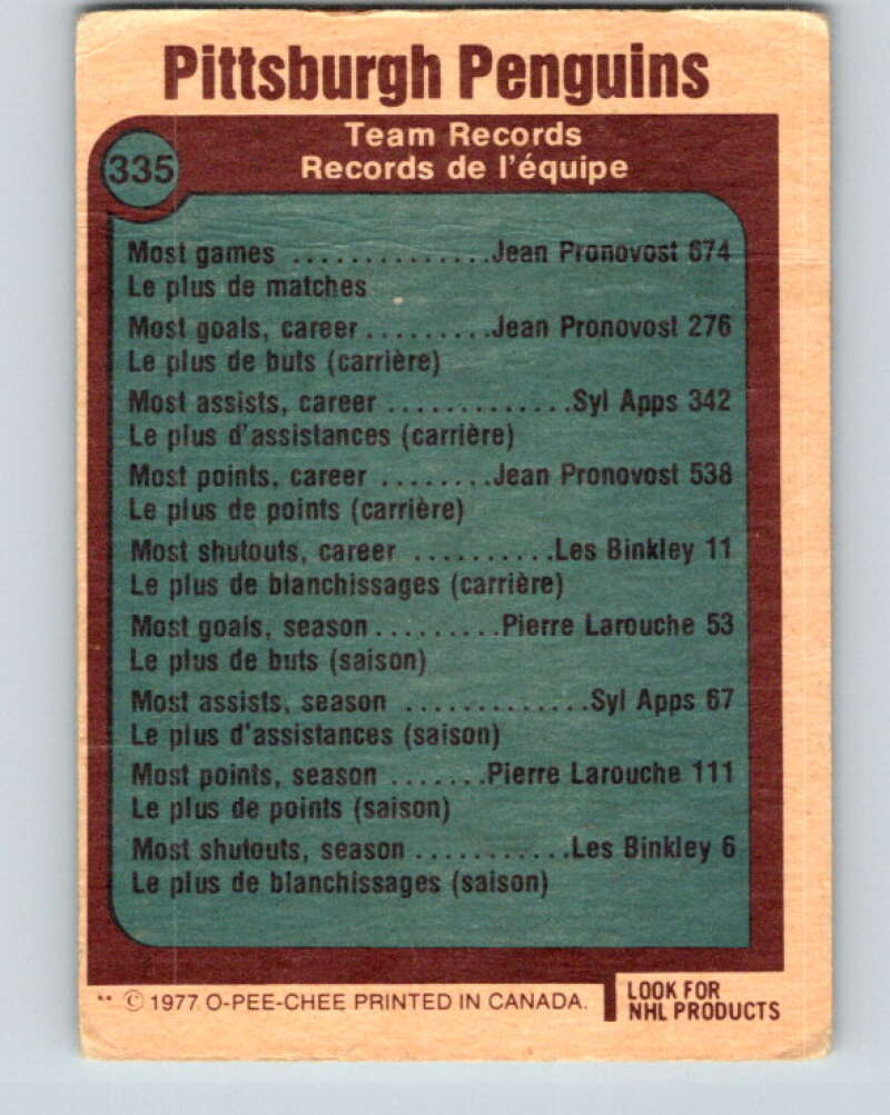 1977-78 O-Pee-Chee #335 Pittsburgh Penguins Records Pittsburgh Penguins V15375