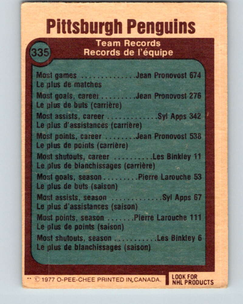 1977-78 O-Pee-Chee #335 Pittsburgh Penguins Records Pittsburgh Penguins V15376