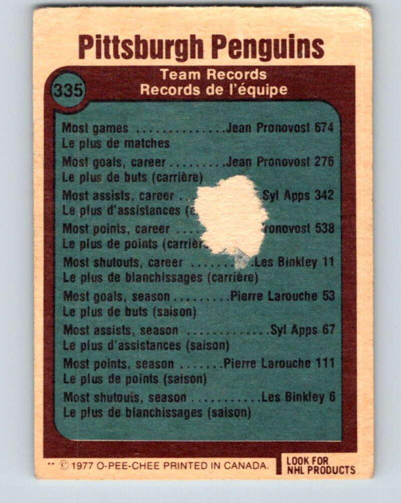 1977-78 O-Pee-Chee #335 Pittsburgh Penguins Records Pittsburgh Penguins V15377