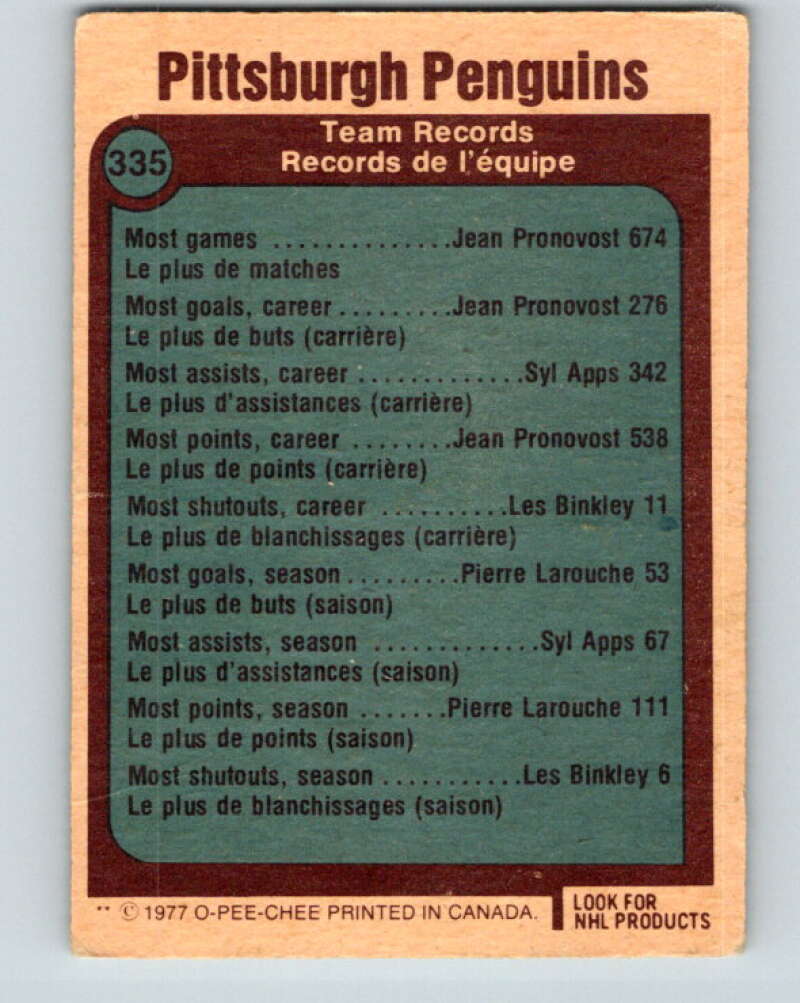 1977-78 O-Pee-Chee #335 Pittsburgh Penguins Records Pittsburgh Penguins V15378