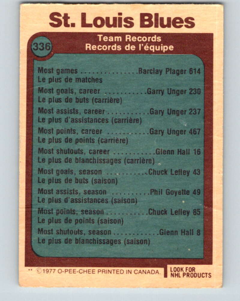 1977-78 O-Pee-Chee #336 St. Louis Blues Records St. Louis Blues V15384