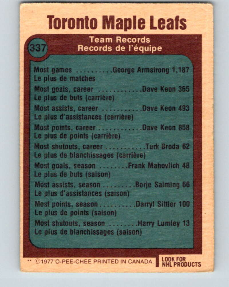 1977-78 O-Pee-Chee #337 Toronto Maple Leafs Records Toronto Maple Leafs V15385