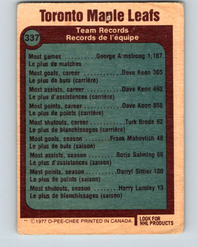 1977-78 O-Pee-Chee #337 Toronto Maple Leafs Records Toronto Maple Leafs V15386