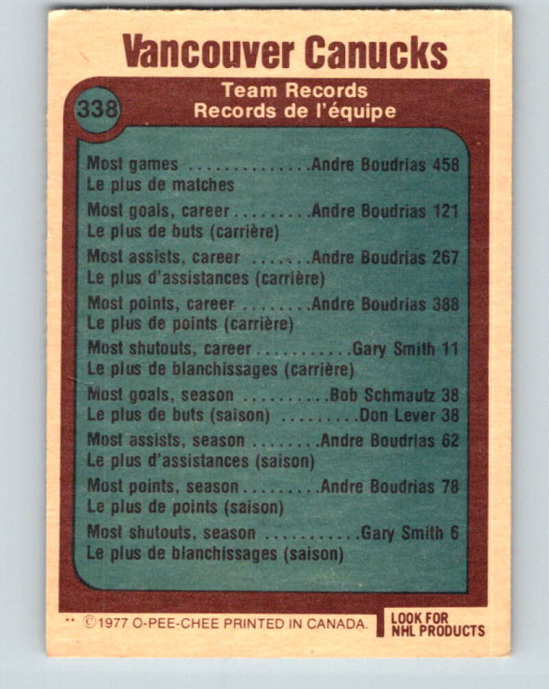 1977-78 O-Pee-Chee #338 Vancouver Canucks Records Vancouver Canucks V15388