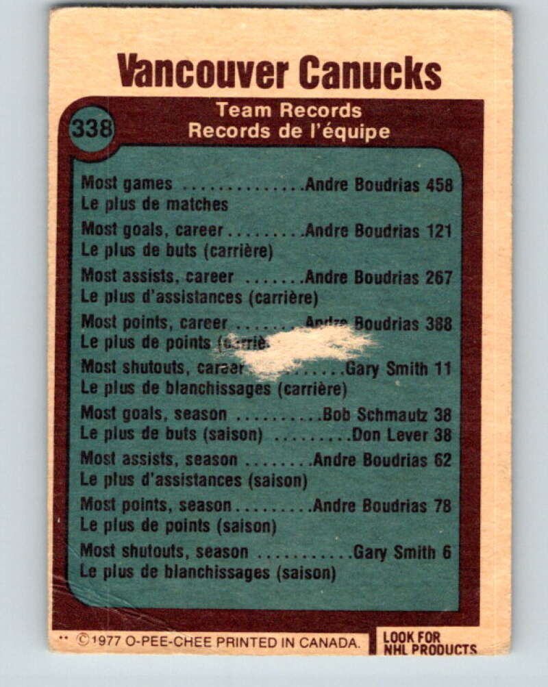 1977-78 O-Pee-Chee #338 Vancouver Canucks Records Vancouver Canucks V15391
