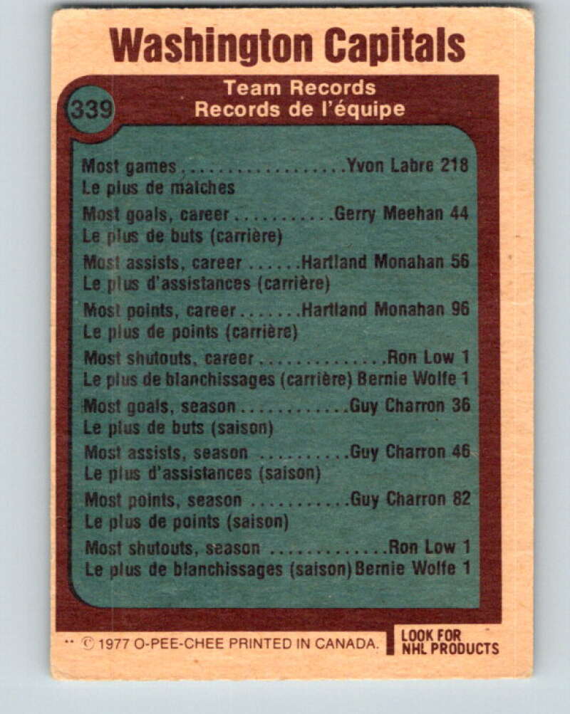 1977-78 O-Pee-Chee #339 Washington Capitals Records Washington Capitals V15394