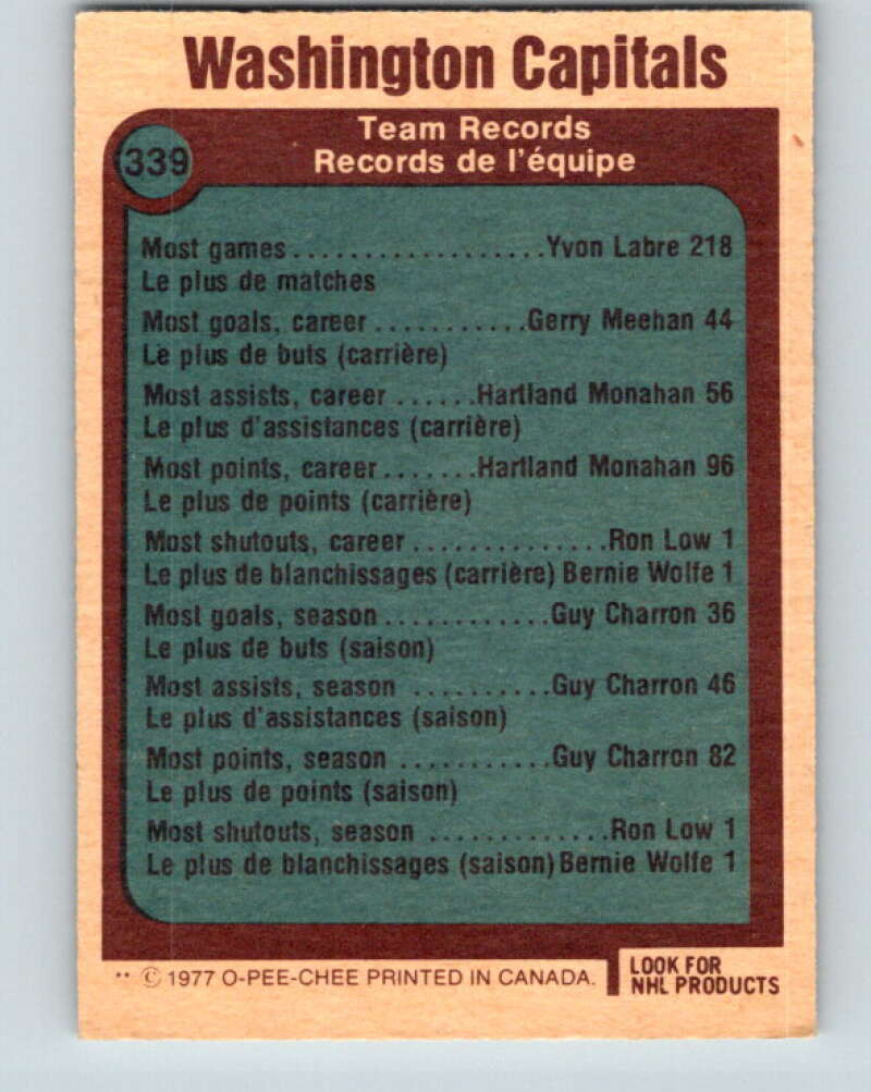 1977-78 O-Pee-Chee #339 Washington Capitals Records Washington Capitals V15395