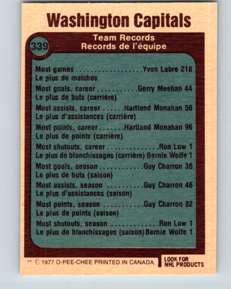 1977-78 O-Pee-Chee #339 Washington Capitals Records Washington Capitals V15396