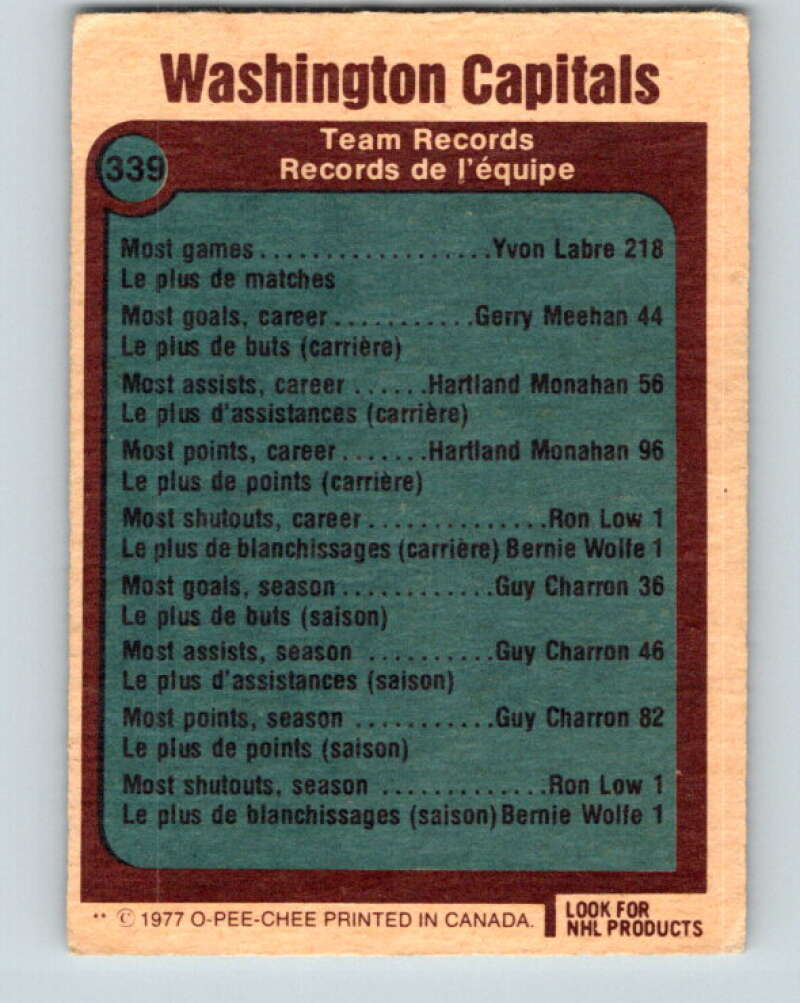 1977-78 O-Pee-Chee #339 Washington Capitals Records Washington Capitals V15397