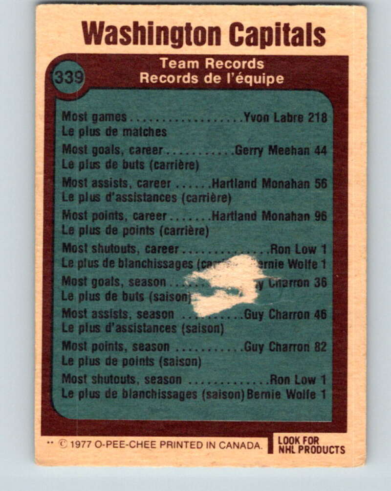 1977-78 O-Pee-Chee #339 Washington Capitals Records Washington Capitals V15398