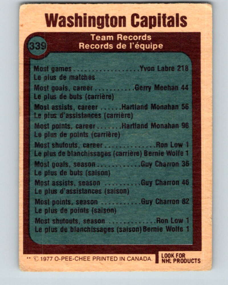 1977-78 O-Pee-Chee #339 Washington Capitals Records Washington Capitals V15399