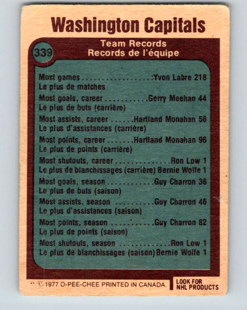 1977-78 O-Pee-Chee #339 Washington Capitals Records Washington Capitals V15400