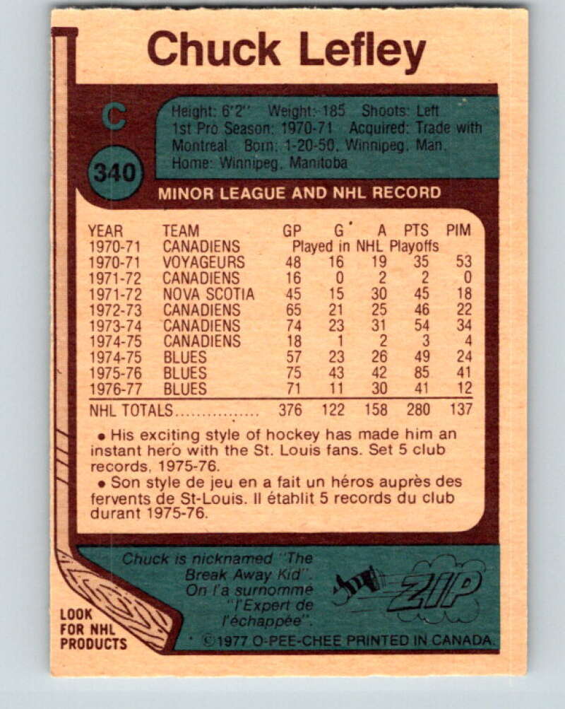 1977-78 O-Pee-Chee #340 Chuck Lefley St. Louis Blues V15401