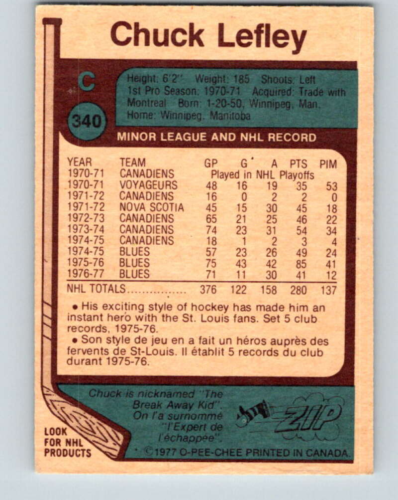 1977-78 O-Pee-Chee #340 Chuck Lefley St. Louis Blues V15403