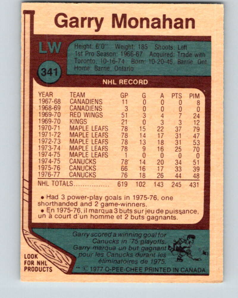 1977-78 O-Pee-Chee #341 Garry Monahan Vancouver Canucks V15409