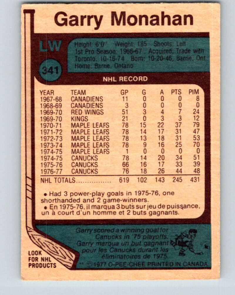 1977-78 O-Pee-Chee #341 Garry Monahan Vancouver Canucks V15411