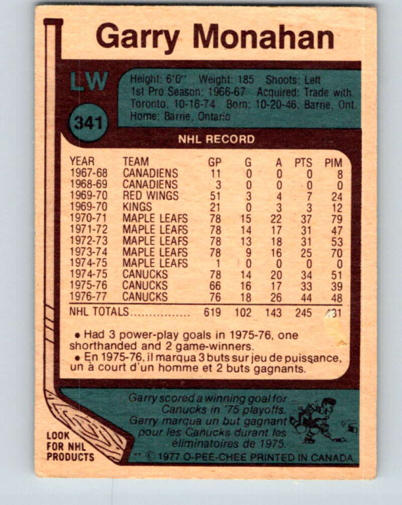 1977-78 O-Pee-Chee #341 Garry Monahan Vancouver Canucks V15414