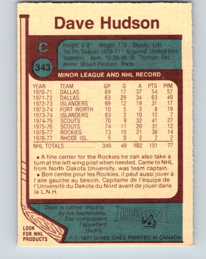 1977-78 O-Pee-Chee #343 Dave Hudson Colorado Rockies V15420