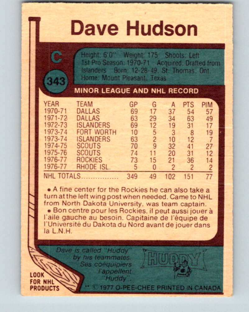 1977-78 O-Pee-Chee #343 Dave Hudson Colorado Rockies V15421