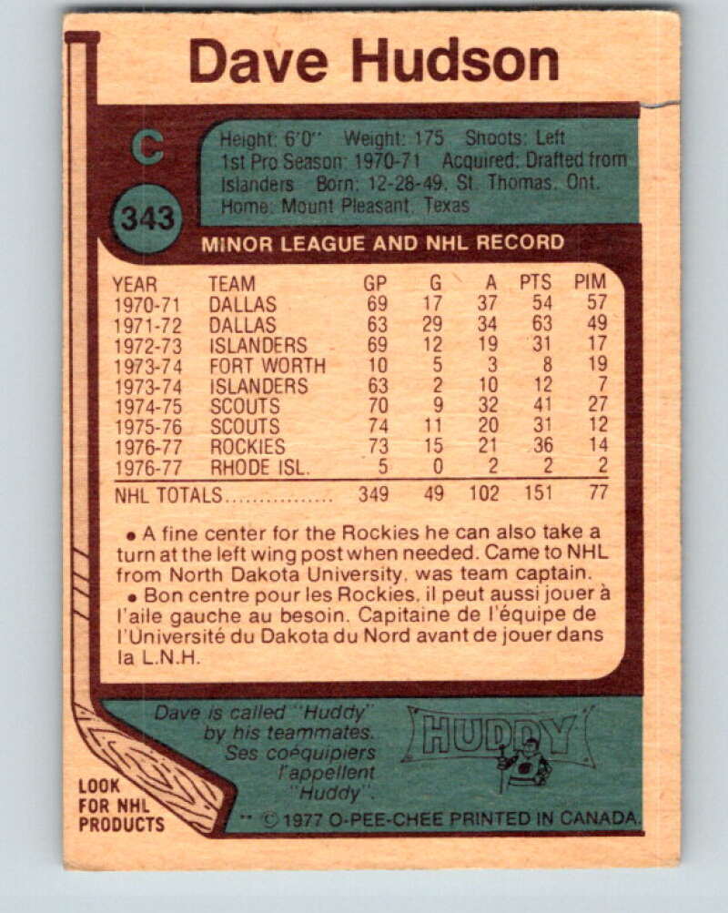 1977-78 O-Pee-Chee #343 Dave Hudson Colorado Rockies V15422
