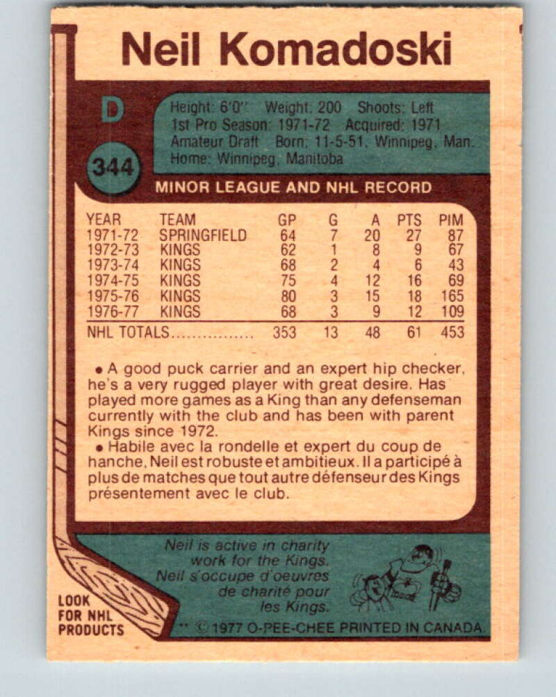 1977-78 O-Pee-Chee #344 Neil Komadoski Los Angeles Kings V15426
