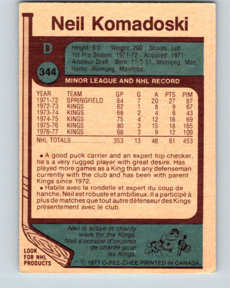1977-78 O-Pee-Chee #344 Neil Komadoski Los Angeles Kings V15428