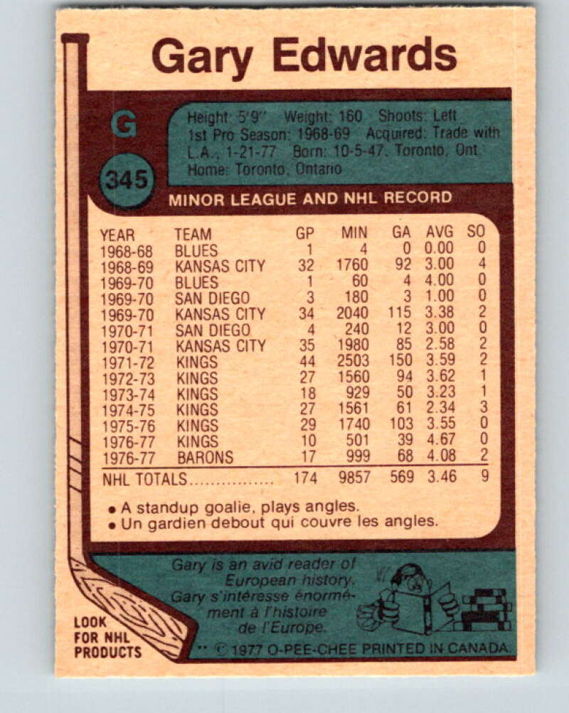 1977-78 O-Pee-Chee #345 Gary Edwards Cleveland Barons V15429