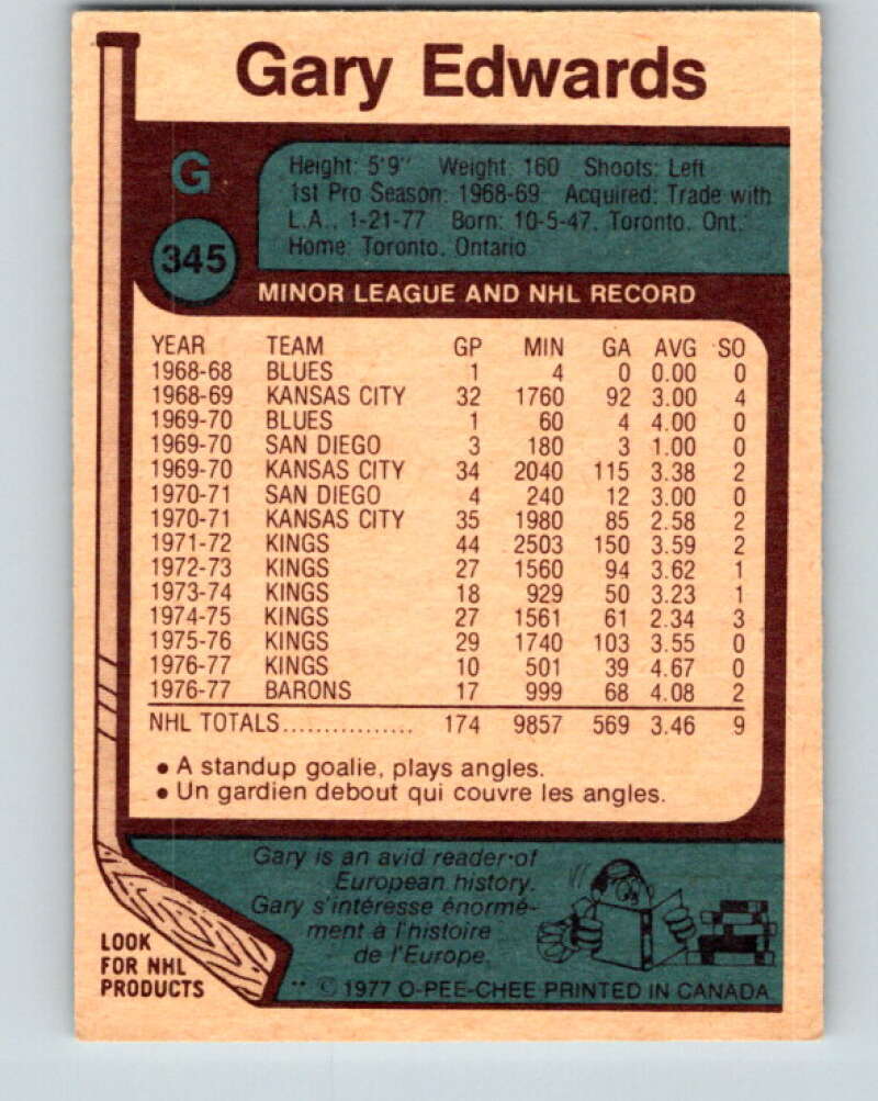 1977-78 O-Pee-Chee #345 Gary Edwards Cleveland Barons V15430