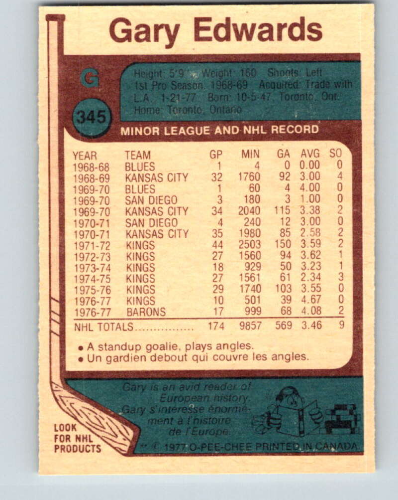 1977-78 O-Pee-Chee #345 Gary Edwards Cleveland Barons V15432