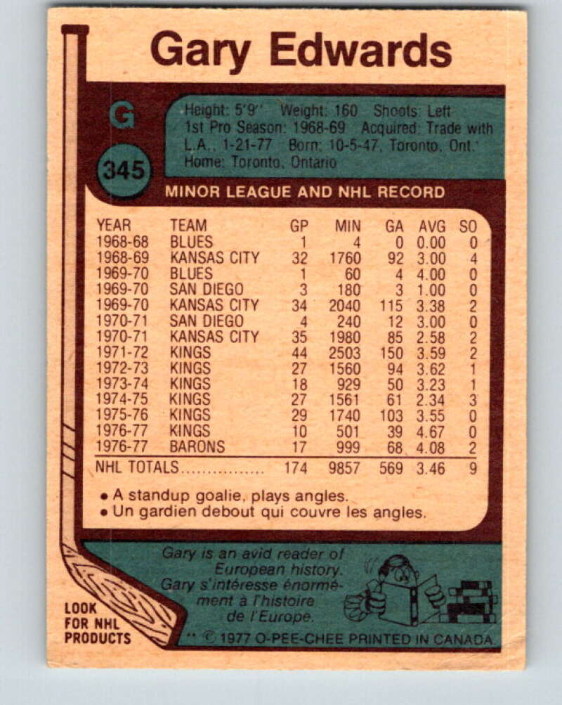 1977-78 O-Pee-Chee #345 Gary Edwards Cleveland Barons V15434