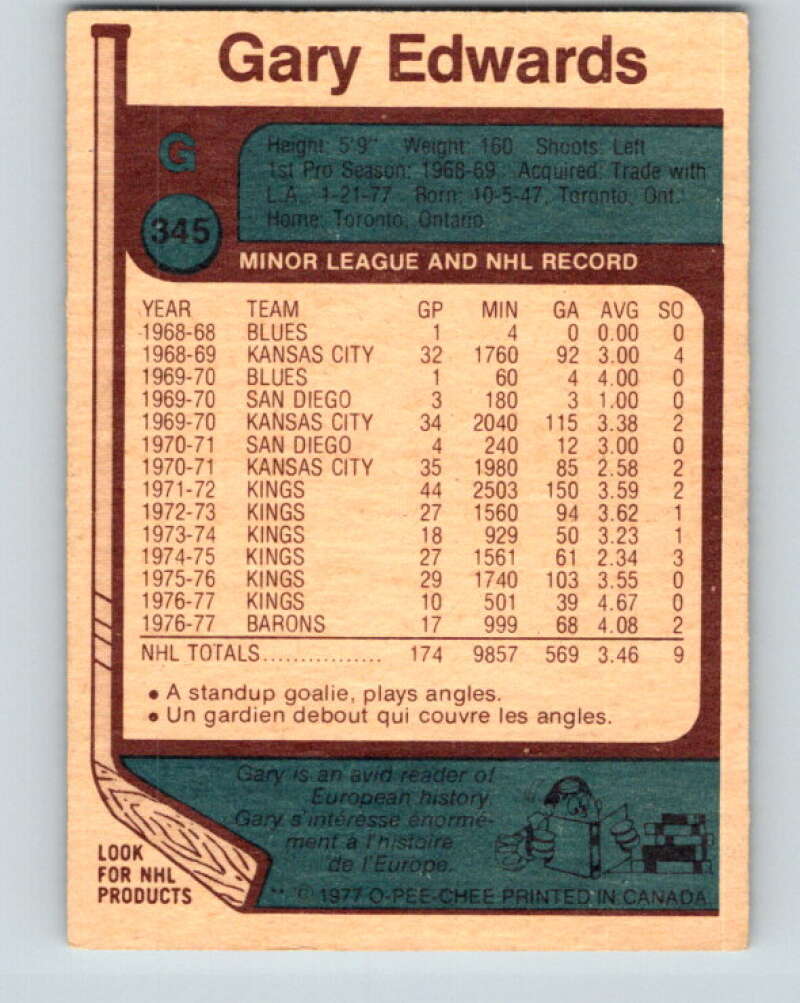 1977-78 O-Pee-Chee #345 Gary Edwards Cleveland Barons V15435