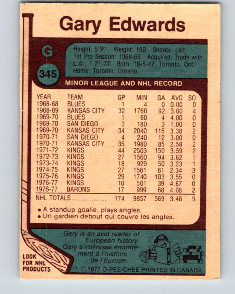 1977-78 O-Pee-Chee #345 Gary Edwards Cleveland Barons V15436