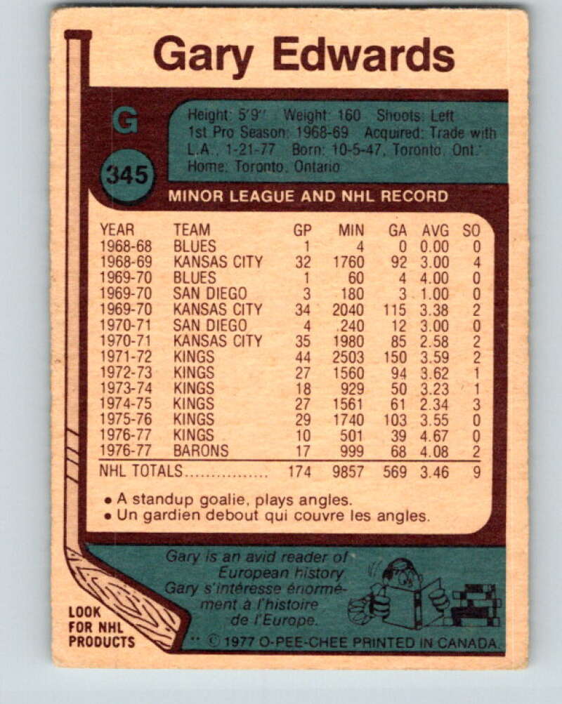 1977-78 O-Pee-Chee #345 Gary Edwards Cleveland Barons V15437