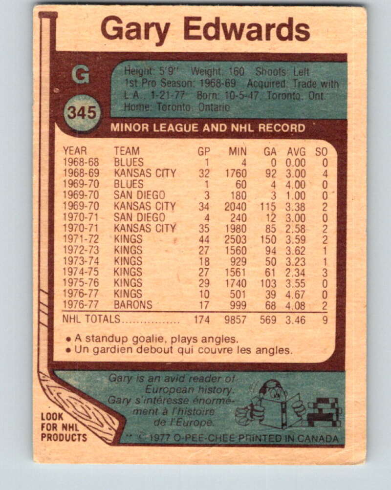 1977-78 O-Pee-Chee #345 Gary Edwards Cleveland Barons V15439